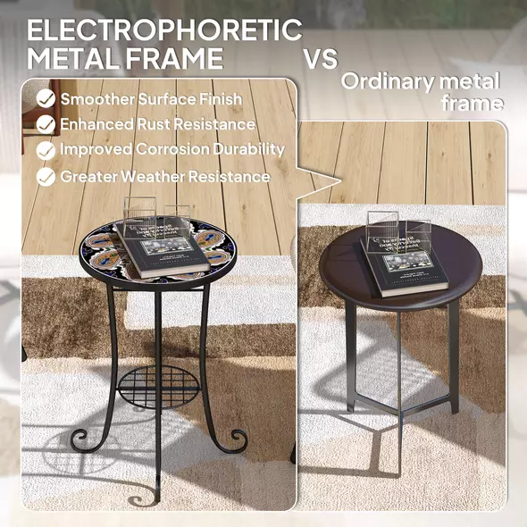 Outsunny Mosaic Garden Table, 35.5 cm Round Outdoor Table with Shelf, Ceramic Tile Top, Small Garden Side Table Bistro Table End Table Plant Stand for Indoor, Patio, Balcony, Orange - 6