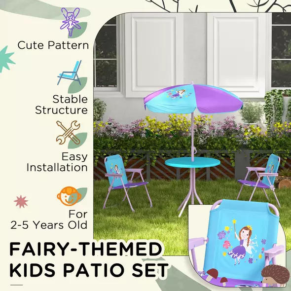 Outsunny Kids Picnic Table and Chair Set, Fairy Themed Outdoor Garden Furniture w/ Foldable Chairs, Adjustable Parasol - 6