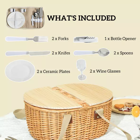 Outsunny Wicker Picnic Basket for 2 with Pine Wood Lid, Picnic Hamper with Cooler Compartment, Cutlery Service Kits, Carry Handle for Camping, Outdoor, Valentine Day, Chirtmas, Birthday, Light Brown - 4