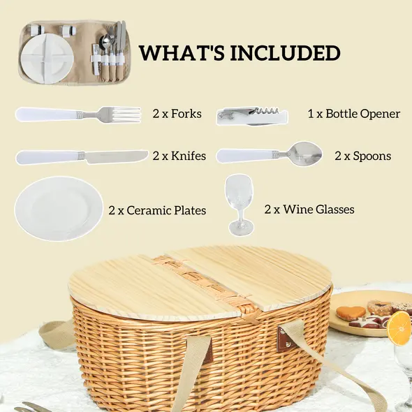 Outsunny Wicker Picnic Basket for 2 with Pine Wood Lid, Picnic Hamper with Cooler Compartment, Cutlery Service Kits, Carry Handle for Camping, Outdoor, Valentine Day, Chirtmas, Birthday, Light Brown - 4