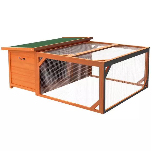 PawHut Rabbit Hutch Outdoor Guinea Pig Hutch with Run Small Animal Off-ground Duck House Hideaway Garden with Openable Roof 125.5 x 100 x 49cm Orange - 1