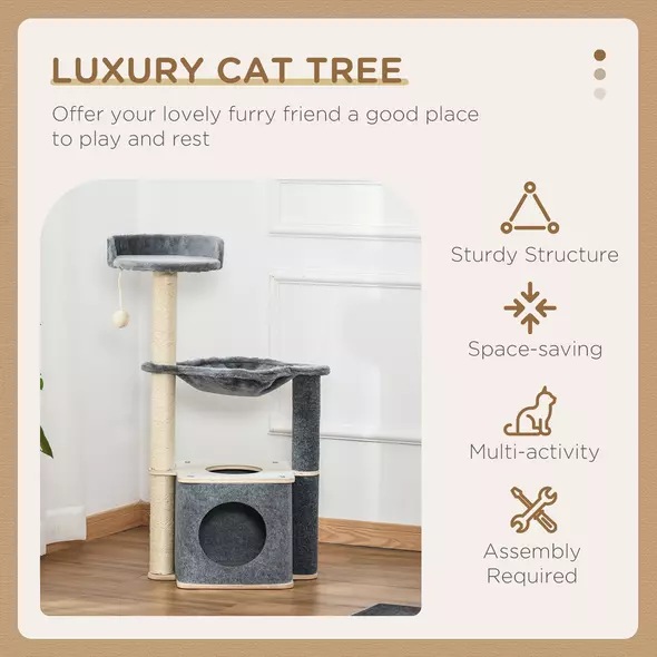 PawHut Cat Tree for Indoor Cats 95cm Climbing Tower Kitten Activity Center with Sisal Scratching Post Perch Roomy Condo Hammock Removable Felt Hanging Toy, Grey - 4