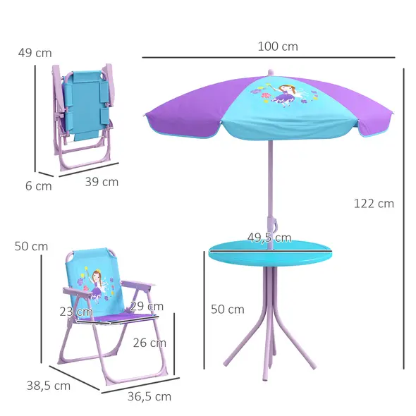 Outsunny Kids Picnic Table and Chair Set, Fairy Themed Outdoor Garden Furniture w/ Foldable Chairs, Adjustable Parasol - 3