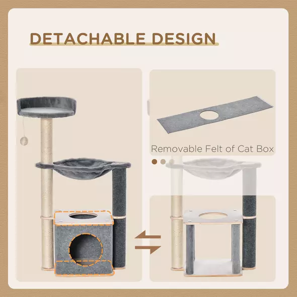 PawHut Cat Tree for Indoor Cats 95cm Climbing Tower Kitten Activity Center with Sisal Scratching Post Perch Roomy Condo Hammock Removable Felt Hanging Toy, Grey - 6