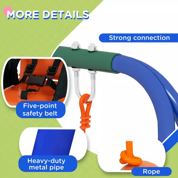 Outsunny Two-In-One Toddler Garden Swing, with Comfortable Seat, Safety Belt - Orange and Blue - 7