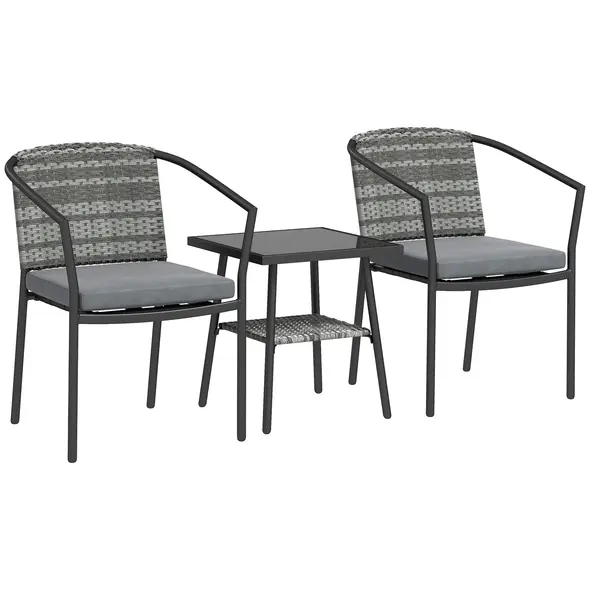 Outsunny 3 Pieces Rattan Bistro Set with Cushions, Wicker Garden Furniture Set, Glass Top Coffee Table and Chairs for Outdoor Patio, Balcony, Terrace and Conservatory, Grey - 1