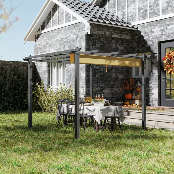 Outsunny 3 x 3m Aluminium Pergola, with Retractable Roof - Khaki - 2