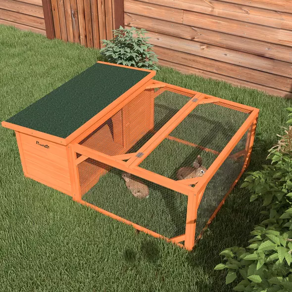 PawHut Rabbit Hutch Outdoor Guinea Pig Hutch with Run Small Animal Off-ground Duck House Hideaway Garden with Openable Roof 125.5 x 100 x 49cm Orange - 7