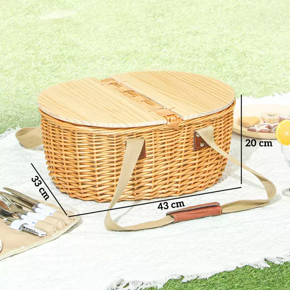 Outsunny Wicker Picnic Basket for 2 with Pine Wood Lid, Picnic Hamper with Cooler Compartment, Cutlery Service Kits, Carry Handle for Camping, Outdoor, Valentine Day, Chirtmas, Birthday, Light Brown - 3