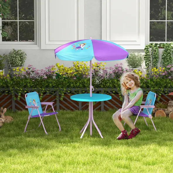 Outsunny Kids Picnic Table and Chair Set, Fairy Themed Outdoor Garden Furniture w/ Foldable Chairs, Adjustable Parasol - 2