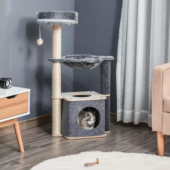 PawHut Cat Tree for Indoor Cats 95cm Climbing Tower Kitten Activity Center with Sisal Scratching Post Perch Roomy Condo Hammock Removable Felt Hanging Toy, Grey - 2