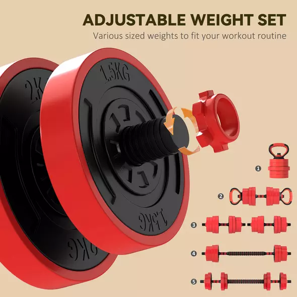 SPORTNOW 30kg 6-In-One Adjustable Weight Dumbbells Set, Barbell, Kettlebell, Push Up Stand - Red - 5