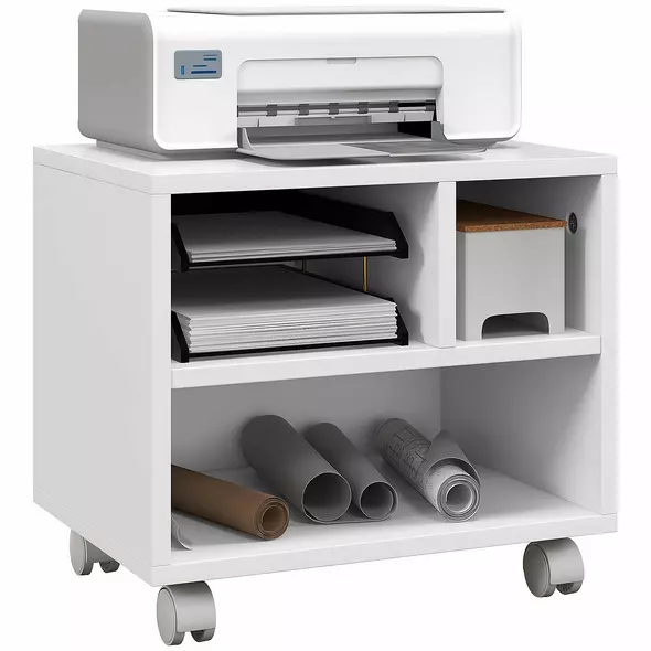 HOMCOM Three-Compartment Printer Cabinet, with Wheels - White - 1