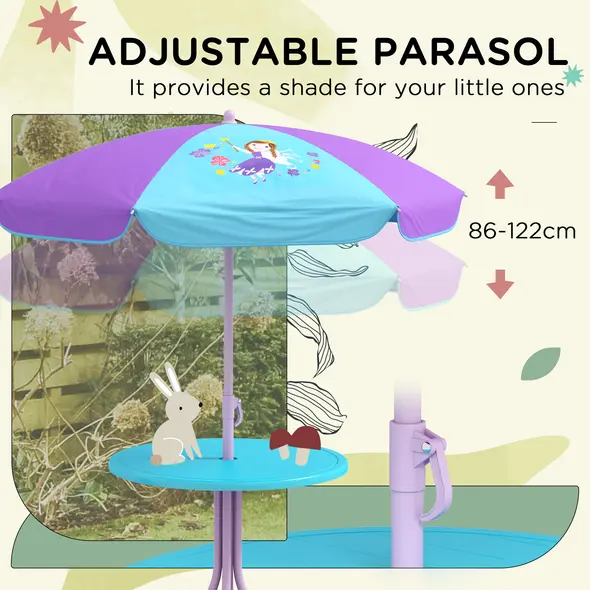 Outsunny Kids Picnic Table and Chair Set, Fairy Themed Outdoor Garden Furniture w/ Foldable Chairs, Adjustable Parasol - 5