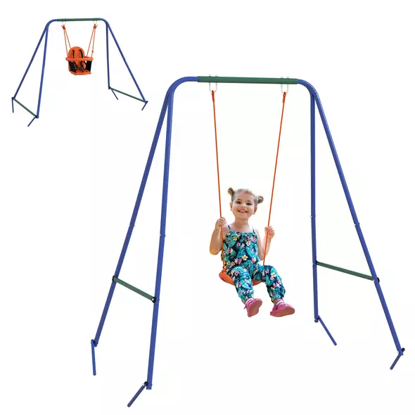 Outsunny Two-In-One Toddler Garden Swing, with Comfortable Seat, Safety Belt - Orange and Blue - 1