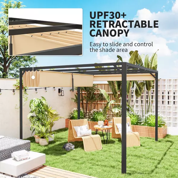 Outsunny 3 x 3m Aluminium Pergola, with Retractable Roof and Wall - Khaki - 4