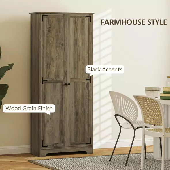 HOMCOM Farmhouse Kitchen Cupboard, Freestanding Kitchen Storage Cabinet with Adjustable Shelves, Tall Storage Cabinet with Recessed Doors, Grey Wood-Effect - 4