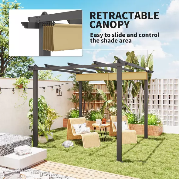 Outsunny 3 x 3m Aluminium Pergola, with Retractable Roof - Khaki - 4