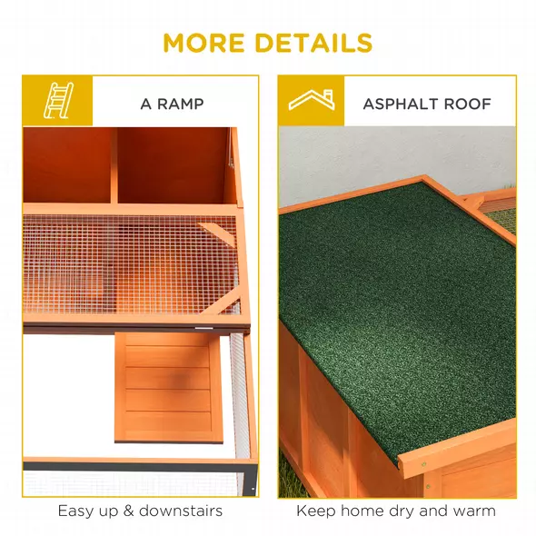 PawHut Rabbit Hutch Outdoor Guinea Pig Hutch with Run Small Animal Off-ground Duck House Hideaway Garden with Openable Roof 125.5 x 100 x 49cm Orange - 6