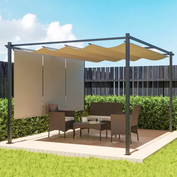 Outsunny 3 x 4m Metal Pergola with Retractable Roof and Roller Shade, Free Standing Gazebo Canopy Pergola Kit, UPF30+ Outdoor Sun Shelter, Beige - 2