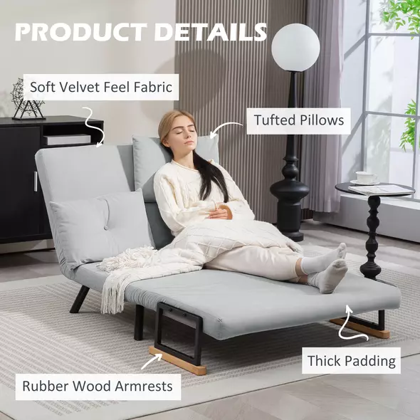 HOMCOM 4-in-1 Velvet-Feel Double Sofa Bed, with Pillows - Light Grey - 6