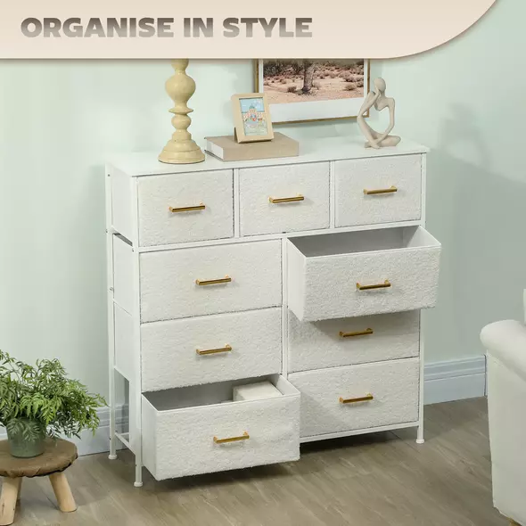 HOMCOM Chest of Drawers with 9 Fabric Drawers, Boucle Storage Organiser with Steel Frame, Fabric Dresser for Bedroom, Living Room, Hallway, Cream White - 5