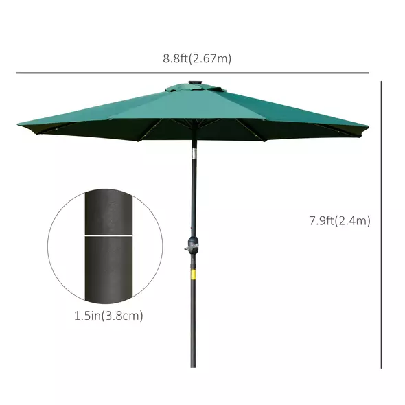 Outsunny 2.7m Patio Garden Umbrella Outdoor Parasol with Tilt Crank and 24 LEDs Lights (Green) - 3
