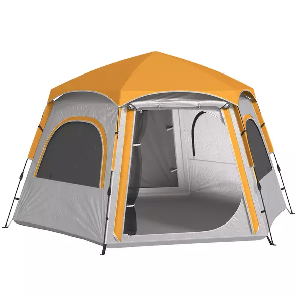Outsunny Instant Pop Up Camping Tent, 2/3/4 Person Easy Setup Dome Family Tent with Vestibule, Rainfly, 4 Mesh Windows & 2 Doors, Hexagonal Design, Waterproof & UV Protected, Light Grey - 1