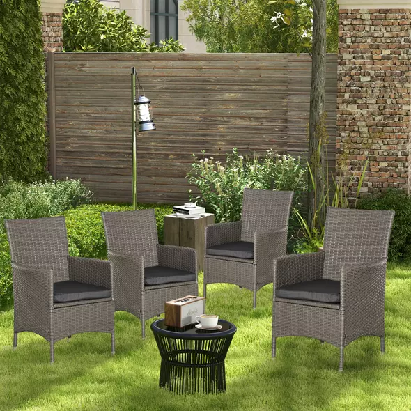 Outsunny Set of Four Rattan Armchairs, with Cushions - Grey - 2
