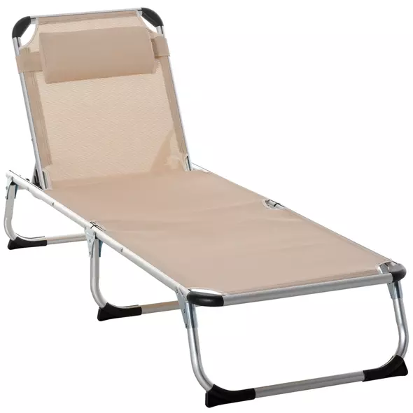 Outsunny Foldable Outdoor Sun Lounger, Reclining Lounge Chair Camping Bed Cot with Pillow 4-Level Adjustable Back Aluminium Frame, Khaki - 1