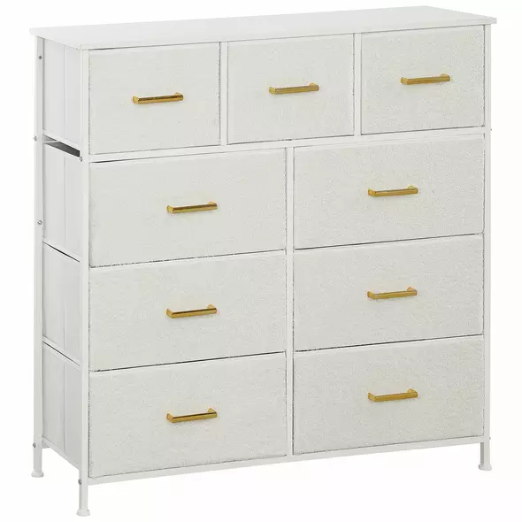 HOMCOM Chest of Drawers with 9 Fabric Drawers, Boucle Storage Organiser with Steel Frame, Fabric Dresser for Bedroom, Living Room, Hallway, Cream White - 1