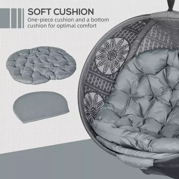 Outsunny Round Egg Basket Chair, with Steel Stand, Charcoal Grey - 4