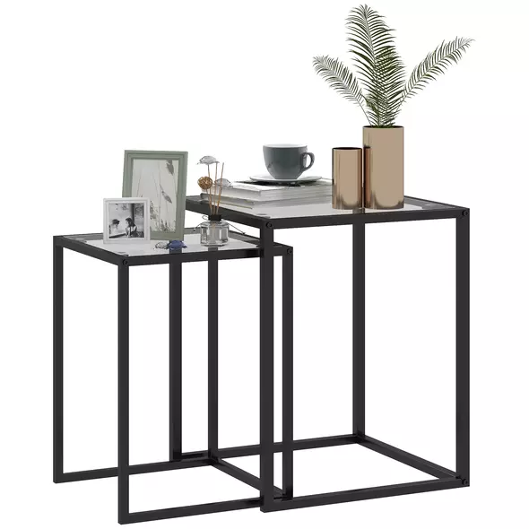 HOMCOM Nesting Tables Set of 2, Side End Table with Tempered Glass Top and Steel Frame for Living Room, Bedroom, Black - 1
