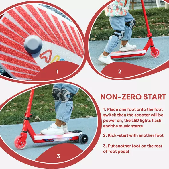 AIYAPLAY Electric Scooter for Kids Aged 4-7 Years, with Flashing LED Lights, Rear Auxiliary Wheels, Red - 6