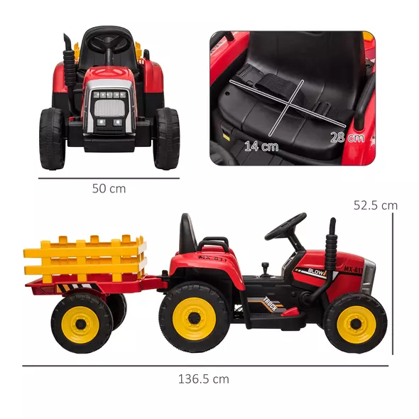 HOMCOM Ride On Tractor, Battery Powered Electric Car, with Detachable Trailer, Remote Control, Music - Red - 3