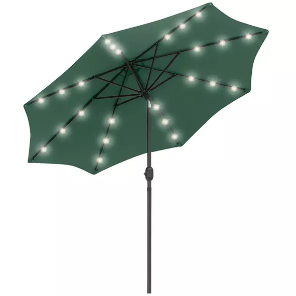Outsunny 2.7m Patio Garden Umbrella Outdoor Parasol with Tilt Crank and 24 LEDs Lights (Green) - 1