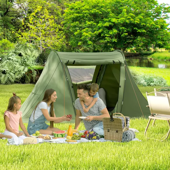 Outsunny 3 Man Camping Tent with Living Area and 2 Bedrooms, 3000mm Waterproof Family Tent with Sewn-in Groundsheet and bag, Portable Dome Shelter  for Hiking, Festival, Backpacking, Green - 2