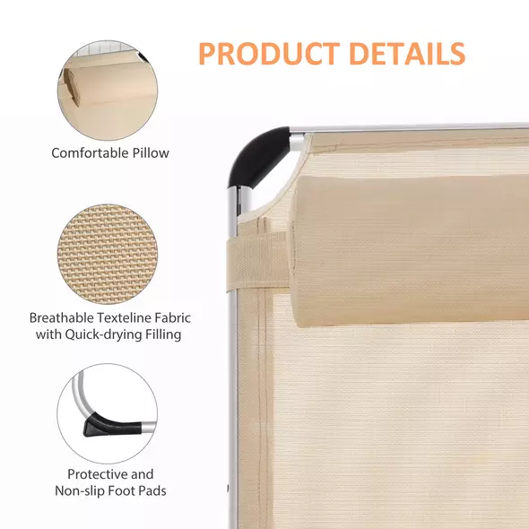 Outsunny Foldable Outdoor Sun Lounger, Reclining Lounge Chair Camping Bed Cot with Pillow 4-Level Adjustable Back Aluminium Frame, Khaki - 5