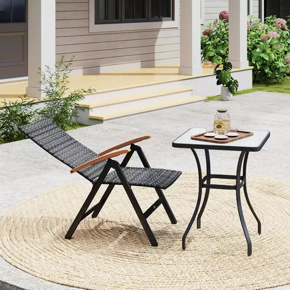 Outsunny Folding Rattan Garden Dining Chair with 5-level Reclining High Back, Wood Armrests for Outdoor, Patio - Mixed-grey - 7