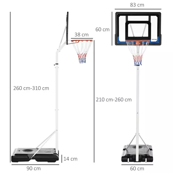 SPORTNOW 2.6-3.1m Adjustable Basketball Hoop and Basketball Stand w/ Backboard and Weighted Base, Portable on Wheels, White - 3