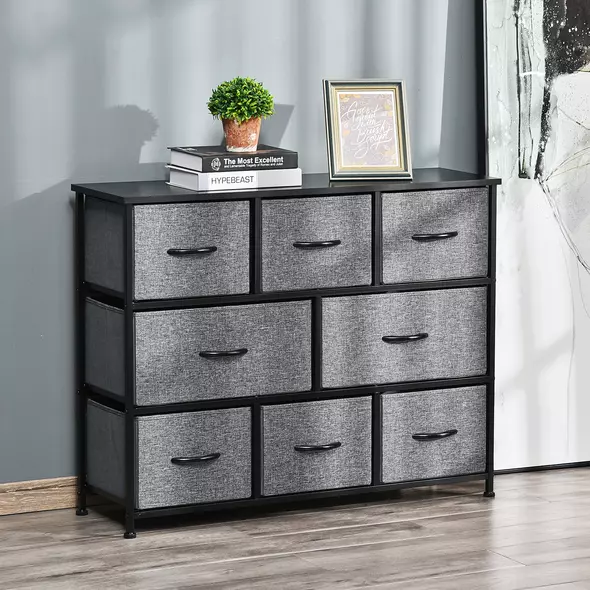 HOMCOM Chest of Drawers with 8 Foldable Drawers, 3-Tier Fabric Bedroom Dresser, Clothes Storage Unit for Bedroom Living Room, Dark Grey - 2