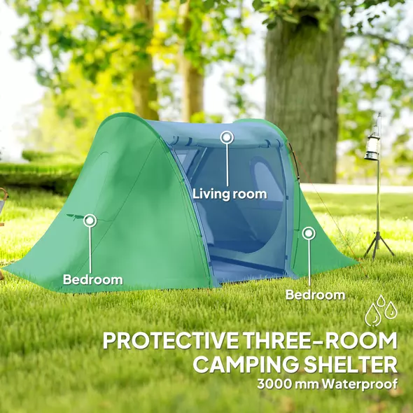 Outsunny 3 Man Camping Tent with Living Area and 2 Bedrooms, 3000mm Waterproof Family Tent with Sewn-in Groundsheet and bag, Portable Dome Shelter  for Hiking, Festival, Backpacking, Green - 4