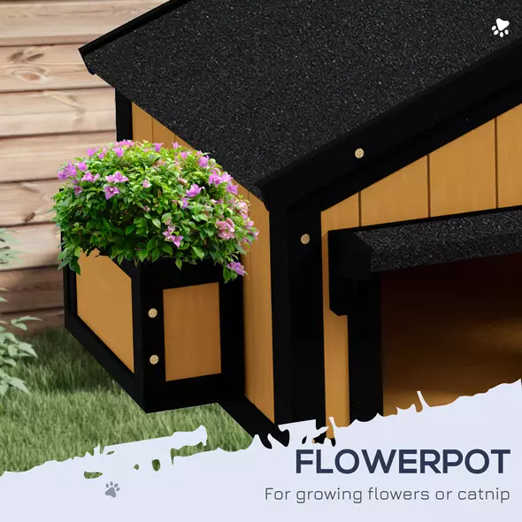 PawHut Wooden Cat House with Flower Pot, Windows, Multiple Entrances, Water-Resistant Roof for Outdoor - Yellow - 5