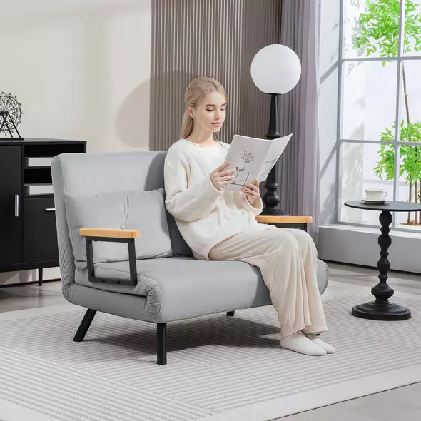 HOMCOM 4-in-1 Velvet-Feel Double Sofa Bed, with Pillows - Light Grey - 2