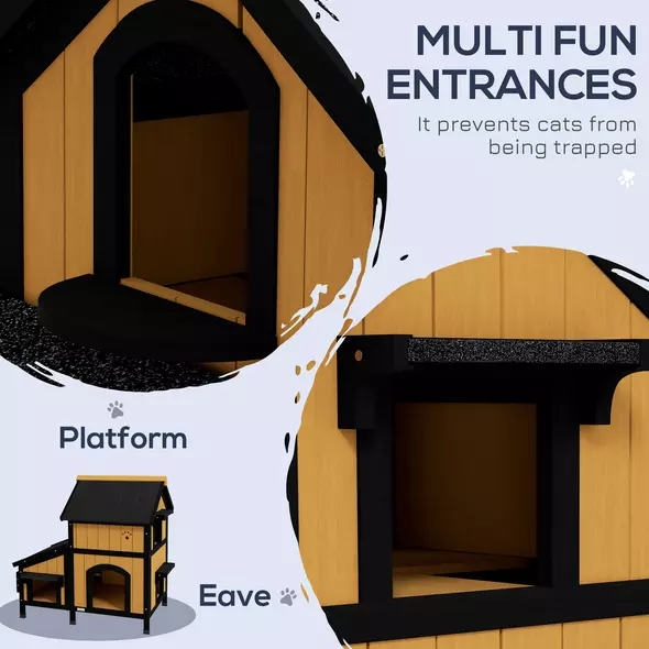 PawHut Wooden Cat House with Flower Pot, Windows, Multiple Entrances, Water-Resistant Roof for Outdoor - Yellow - 4
