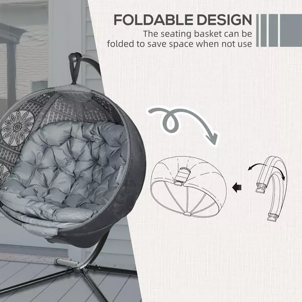 Outsunny Round Egg Basket Chair, with Steel Stand, Charcoal Grey - 6