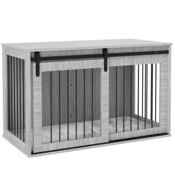 PawHut 46.46'' Dog Crate Furniture with Removable Cushion & Security Latch for Extra Large Dogs - Grey - 1