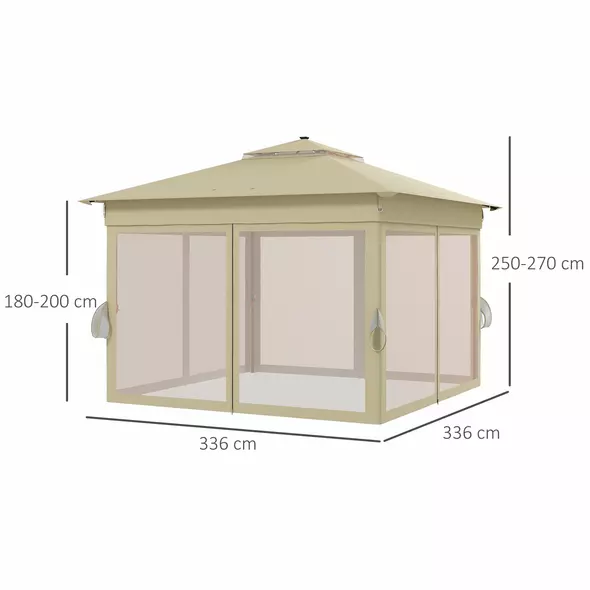 Outsunny 3.36 x 3.36m Pop Up Gazebo Party Tent with Solar-Powered LED Lights, Adjustable Event Shelter with Netting, Khaki - 3
