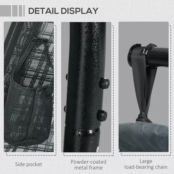 Outsunny Outdoor Swing Chair with Thick Padded Cushion, Patio Hanging Chair with Metal Stand, Egg Chair with Foldable Basket, Cup Holder, for Indoor and Outdoor, Dark Grey - 7