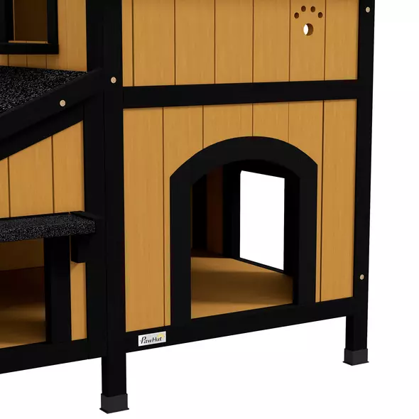 PawHut Wooden Cat House with Flower Pot, Windows, Multiple Entrances, Water-Resistant Roof for Outdoor - Yellow - 9